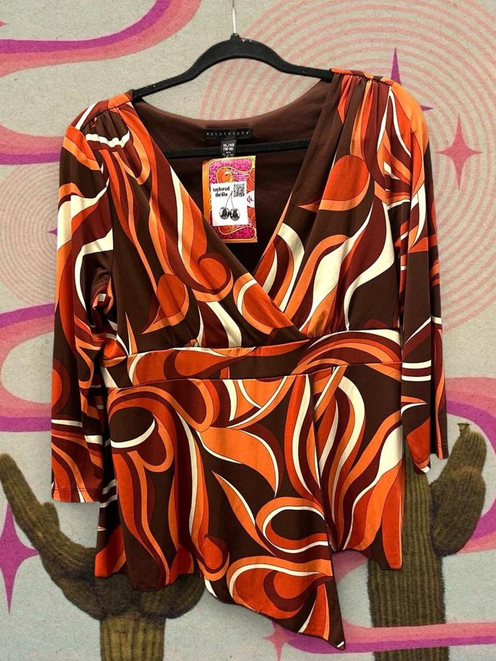 Y2K Vintage Apostrophe Asymmetrical Abstract Boho Print V-Neck Blouse